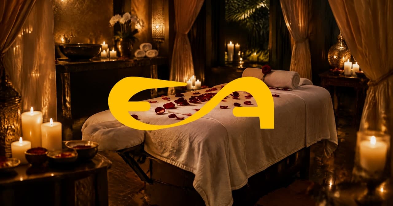 Suíte de massagem à luz de velas com pétalas de rosa sobre a maca